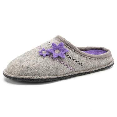 Imagem de LE KAPMOZ Pantufas femininas de lã fervida para casa respiráveis sem suor pantufa sem pantufa mule para uso interno/externo, Light Gray/Purple Rubber Sole, 7.5-8.5