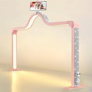 Imagem de Kalolary Luz de meia lua para mesa de unhas, luminária de arco dobrável com suporte de telefone, cílios de LED ajustáveis de brilho 3000-6000K para beleza, cílios, tatuagens (diamante de cristal