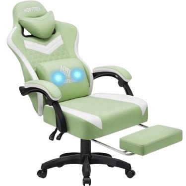 Imagem de HOFFREE Cadeira de Jogos, Ergonômica com Massagem, Reclinável, Encosto Alto e Apoio para os Pés, Verde, Material de Tecido e Metal, para Jogos Eletrônicos e Escritório
