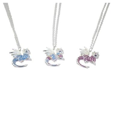 Imagem de AlterImage Colar com pingente de dragão bebê enfeitado com cristais brilhantes e vem com caixa de joias, pacote com 3, azul aqua, rosa e arco-íris, Adult, Liga de zinco, Sem Pedra Preciosa