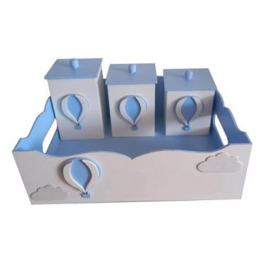Imagem de Kit Higiene Bebê MDF 4 Peças Cesta Organizadora Balão Azul - Canaã Art