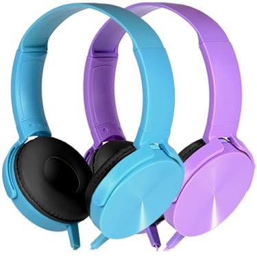 Imagem de Pacote com 2 fones de ouvido infantis para sala de aula escolar, fones de ouvido com fio para aprendizado on-line para alunos do ensino fundamental e médio, almofadas giratórias macias duráveis para