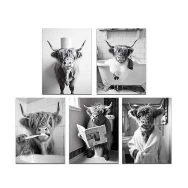 Imagem de Medpol Conjunto de 5 peças engraçadas de arte de parede de vaca Highland preto e branco engraçado decoração de parede de vaca no banheiro pôster de parede 20,3 x 25,4 x 12,7 cm sem moldura