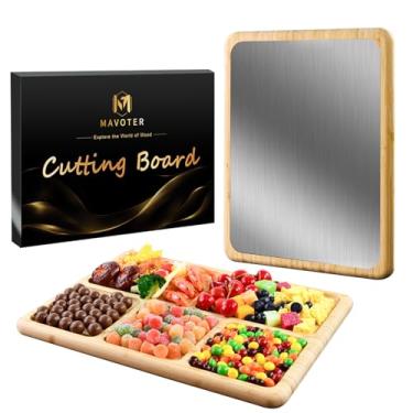 Imagem de Tábua de corte de titânio dupla face 2 em 1 e tábua de queijo de charcutaria de bambu com compartimentos, tábua de cortar de aço inoxidável, bandeja de servir de cozinha para carne, vegetais, lanches