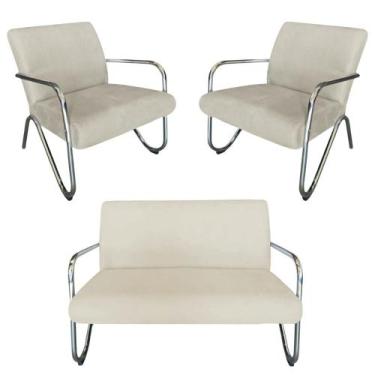 Imagem de Kit Namoradeira + 2 Poltronas Decorativa Bela Couro Bege Braço Cromado