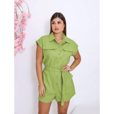 Imagem de Macaquinho Feminino Linho Premium Bolso Cargo Manga Curta e Laço Ajust