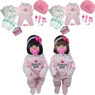 Imagem de 2 Bebês Reborn 100% Silicone Acessórios + Bolsa - 40 Itens - Mamãe Reb