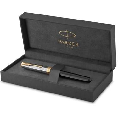 Imagem de PARKER Sonnet Fountain Pen | Premium Metal and Black Gloss Finish with Gold Trim | Fine 18k Gold Nib with Black Ink Cartridge | Gift Box