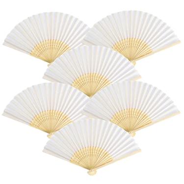 Imagem de THY COLLECTIBLES Pacote com 6 ventiladores dobráveis de papel e bambu para festa de casamento, igreja, festivais, decoração de casa e bricolage (branco)