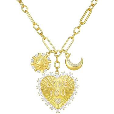 Imagem de HETICA Colar de coração dourado para mulheres, pingente Love You, pingente de zircão, sol e lua, joia romântica presente para aniversário ou dia dos namorados, Medium, Cobre, Sem Pedra Preciosa