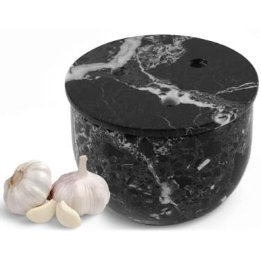 Imagem de Radicaln Suporte de alho de mármore para balcão de 11 cm preto feito à mão para armazenamento de bancada, guarda alho ideal para decoração de cozinha, recipiente pequeno para dentes de alho