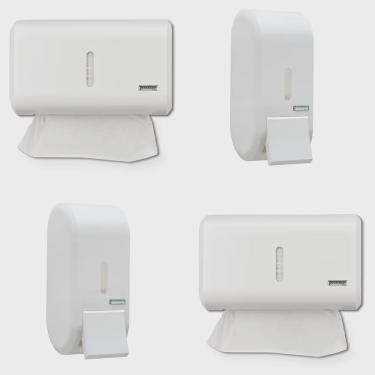 Imagem de Kit 2 Dispenser Papel Toalha + 2 Saboneteira 400 Ml Compacto Urban Branco Premisse