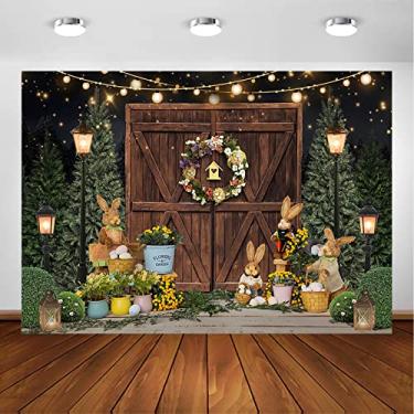 Imagem de Avezano Pano de fundo rústico de primavera, luzes com glitter, porta de madeira, retrato, sessão de fotos, ovos de coelho, decoração de festa de Páscoa, suprimentos para fotos para crianças (3 x 2,4 m