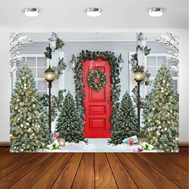 Imagem de Avezano Pano de fundo para fotografia de Natal, vintage, porta vermelha de madeira, árvores de Natal nevadas, recém-nascidos, férias, família, retrato, foto de fundo, adereços de cabine de estúdio (3