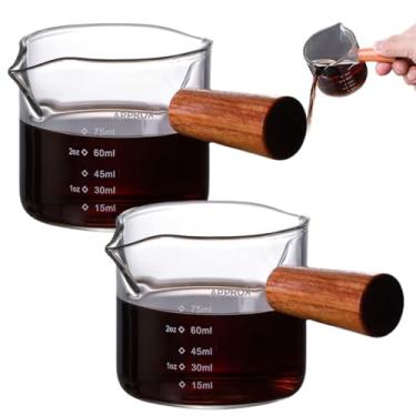 Imagem de 2 peças de copo de café expresso de 100 ml, copo medidor de café expresso transparente em escala de Oz/ML com bicos de 2 V e cabo de madeira, copo de café expresso, copos de shot