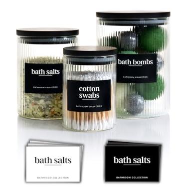 Imagem de Mason & Fable 3 frascos de banheiro de vidro com nervuras com tampas herméticas de bambu preto | Almofada de algodão/botões/suporte de ponta Q | Sal de banho/pequena maquiagem/boticário, 300 ml, 600