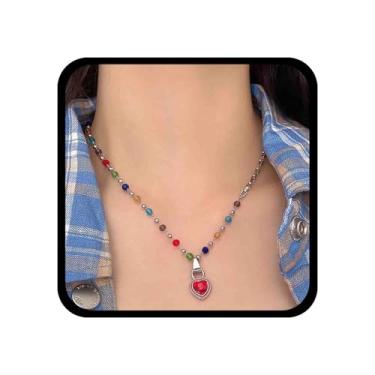 Imagem de Allereyae Colar vintage colorido de contas facetadas, colar de coração rubi, gargantilha de coração de cristal vermelho, arco-íris, pedras preciosas, gargantilha para mulheres, Zinco, Sem Pedra