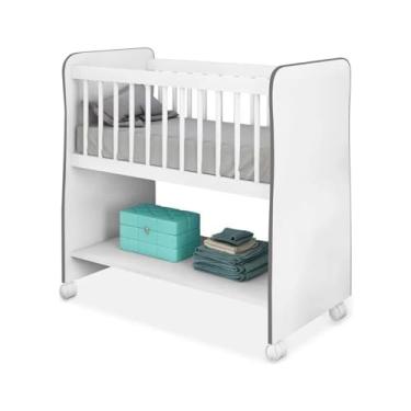 Imagem de Mini Berço Móvel com Colchão, Grade de Proteção, Prateleira e Rodízios, Branco e Cinza
