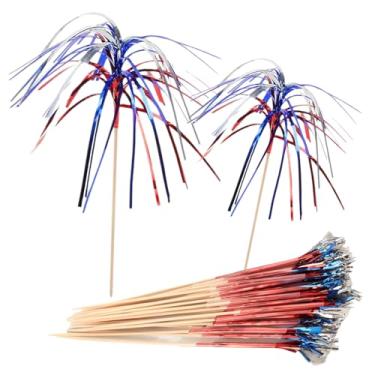 Imagem de hhdatc 100 peças vermelho, branco, azul, 4 de julho, palitos de coquetel, design patriótico, fogos de artifício, palitos de bambu para aperitivos, frutas, comida, bolo, decoração de festa