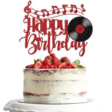 Imagem de Dxsdgetue Disco de glitter vermelho feliz aniversário topo de bolo disco de vinil retrô rock and roll decoração de bolo CD hip hop dança bola música tema festa de aniversário suprimentos