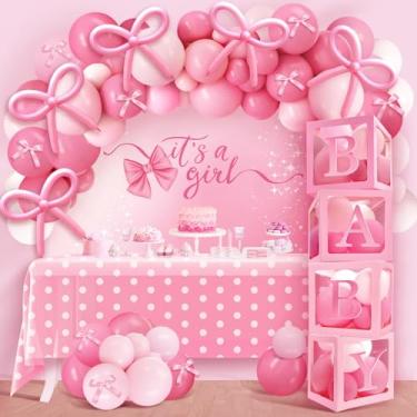 Imagem de Zylarithon Decorações De Chá Bebê Com Laço Rosa Para Menina, Balões Longos Rosa, Kit Arco Guirlanda Caixas Transparentes, Letras, Toalha Mesa O Tema "É Uma Menina"