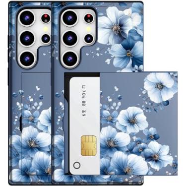 Imagem de MUQR Capa compatível com Samsung Galaxy S25 Ultra com porta-cartão fofo - Capa tipo carteira robusta com design kawaii, proteção contra quedas de grau militar (flores retrô elegantes azuis)
