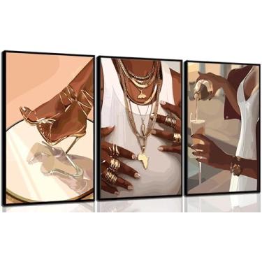 Imagem de 3 peças de arte de parede em tela para mulher negra, pôster de menina negra, moda, meninas, imagens abstratas, boho, pinturas femininas negras, mulher afro-americana, para decoração de parede de