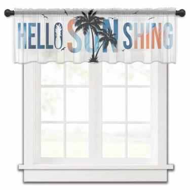 Imagem de Cortina transparente costeira azul laranja para janelas de cozinha, verão Hello Sun Palmeira silhueta chiffon tratamentos de janela bolso canoa curto top sanefa para sala de estar banheiro 137 x 45