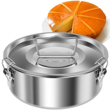 Imagem de KOUISYY Molde de pudim com tampa, molde de flan de aço inoxidável com alça, máquina de flan de grande capacidade de 1,5 litros, máquina de pudim de bolo redondo portátil para bolo de queijo, pudim de