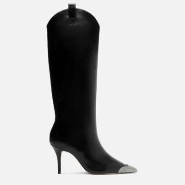 Imagem de Bota Preta Couro Cano Longo Biqueira Metal Arezzo-Feminino