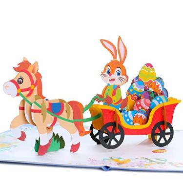 Imagem de CUTE POPUP - Cartão pop-up de Dia de Páscoa com design engraçado de coelho dirigindo cavalo, cartão de aniversário, cartões comemorativos para filha, filho ou crianças, como uma lembrança maravilhosa para aniversário, recém-nascido ou qualquer ocasião