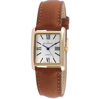 Imagem de Peugeot Relógio feminino banhado a ouro 14K de couro com mostrador de números romanos, Marrom, Relógio feminino estilo regata