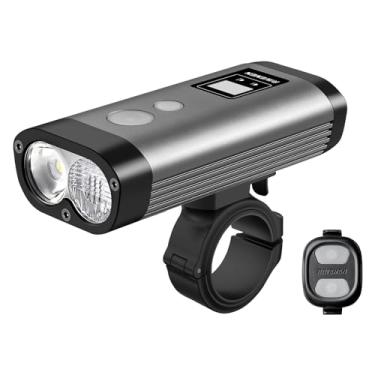 Imagem de RAVEMEN PR2000 Luz de bicicleta para andar de montanha noturno, farol de bicicleta recarregável de 2000 lúmens com tela de LED, controle remoto sem fio, feixe antirreflexo, impermeável IPX8