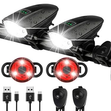 Imagem de Conjunto de 2 luzes para bicicleta com buzina 1400 lm USB recarregável, farol traseiro e buzina à prova d'água, 3 modos de iluminação, serve para várias bicicletas para estrada e montanha (preto +