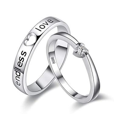 Imagem de Anel de noivado Uloveido 2 peças para ele e ela eterno amor coração banhado a platina conjunto de anéis de noivado combinando aliança de casamento noivado Dia dos Namorados Presentes para casais J205 Branco