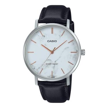 Imagem de Casio MTP-VT01LM-7A Relógio analógico masculino minimalista com mostrador branco marmorizado com 3 ponteiros, Branco, Elegante