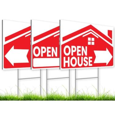 Imagem de 30,5 x 40,6 cm 3X Open House Placas de plástico dupla face para agentes imobiliários placa de venda com estacas de arame H - Suprimentos de corretor de imóveis para casas à venda por placa de