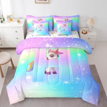 Imagem de Feelyou Jogo de cama solteiro de unicórnio fofo para crianças, com inicial H, 7 peças, letras do alfabeto, conjunto de edredom com lençol de presente com monograma, 7 peças