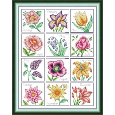 Imagem de Benway Kit de ponto cruz estampado de 14 quilates, kit de bordado, conjunto de ponto cruz fácil para decoração de quarto, presente faça você mesmo para a mamãe flores 42 x 56 cm