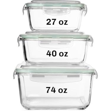 Imagem de Recipientes de armazenamento de alimentos de vidro extra grande com tampa hermética 6 peças [3 recipientes com tampas] Seguro para micro-ondas/forno/freezer e lava-louças. Conjunto de recipientes quadrados reutilizáveis sem BPA/PVC XG/G/Tamanho médio