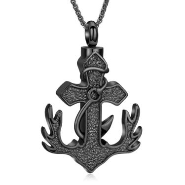Imagem de Colar de cremação com âncora cruzada, urna de anzol, para cinzas, chifre de veado, pingente de cinzas de aço inoxidável, pingente de cinzas para mulheres e homens, joia memorial de lembrança