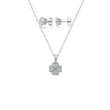 Imagem de Gargantilha Feminina Pingente Trevo Com Brincos Corrente Aço Inox