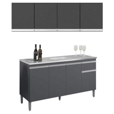 Imagem de Balcão De Pia Tatiane 145 Cm E Armário Aéreo Andréia 4 Portas 160 Cm Cinza Fosco - Ajl