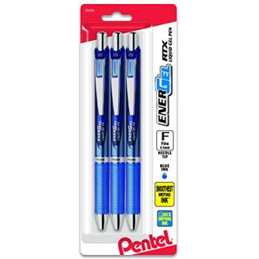 Imagem de Pentel® Canetas retráteis RTX Deluxe EnerGel®, ponta agulha, 0,5 mm, barril sortido, tinta azul, pacote com 3