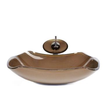 Imagem de Cuba de vidro abaulada 51cm marrom + valvula + torneira cascata - Cuba