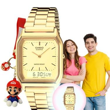 Imagem de Relógio de pulso Casio Unissex Vintage Masculino Feminino Analogico Digital Retro Pulseira em Aço Inóx Dourado AQ-230GA + Chaveiro