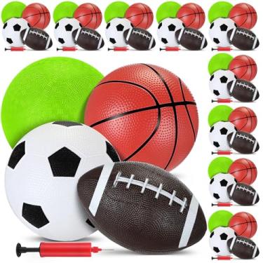 Imagem de RoundFunny Pacote com 36 bolas esportivas com bomba para crianças de basquete de 12,7 cm, futebol de 12,7 cm, bola de playground de 12,7 cm, futebol de 16 cm para uso interno e externo, presentes