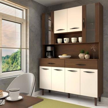 Imagem de Armário de Cozinha Kit 8 Portas 2 Gavetas com Vidro Ripado 3d Nogueira/Off White - Panorama Móveis