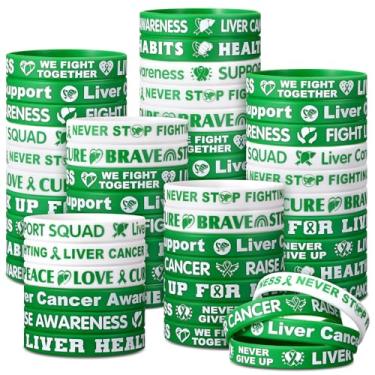 Imagem de PullCrease 100 pulseiras de conscientização do câncer de fígado, 10 estilos, pulseiras de silicone de fita verde com frases inspiradoras para homens, mulheres, adolescentes, eventos, apoio