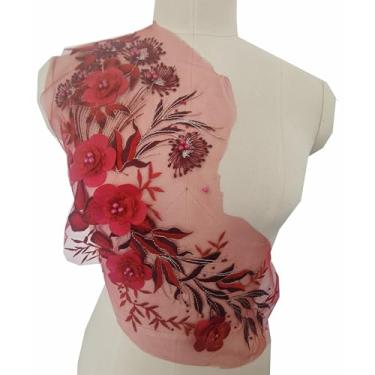 Imagem de Aplique de renda floral 3D bordado com apliques de flores com pérolas costuradas em remendos roupas de noiva casamento vestido de dança decoração (vinho vermelho)